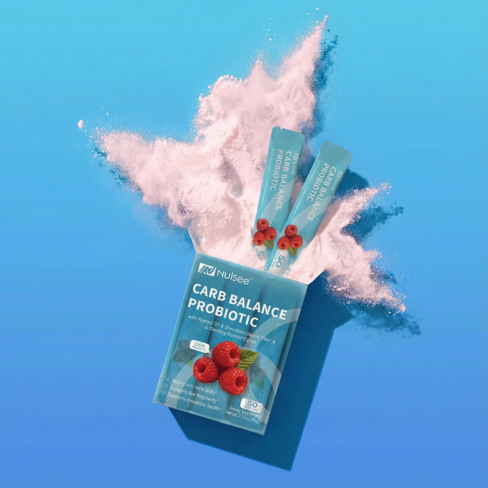 Square format product photography of Nulsee Carb Balance Probiotic turquoise box and packets on blue background with soft pastel pink powder explosion, 800x800px

