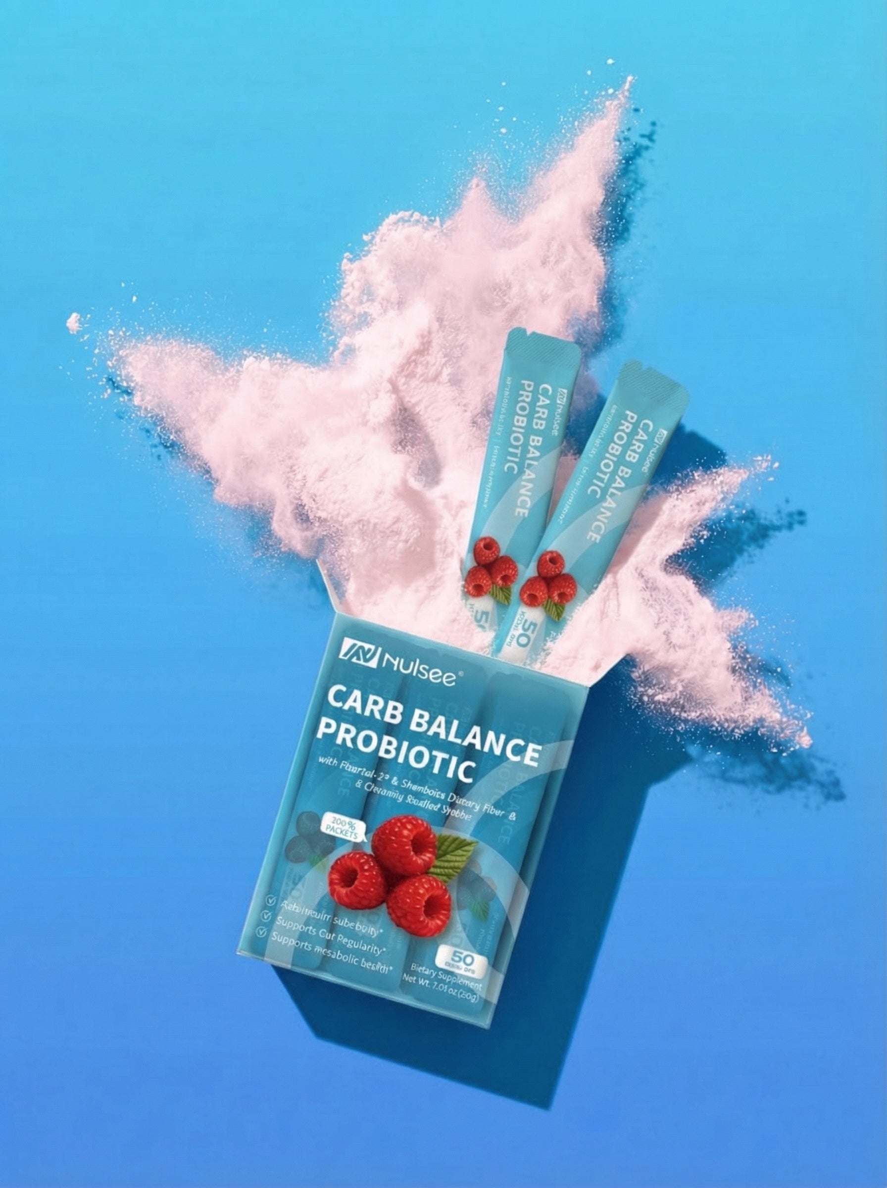 Nulsee Carb Balance Probiotic turquoise box and packets on blue background with soft pastel pink powder cloud explosion, creative product photography
