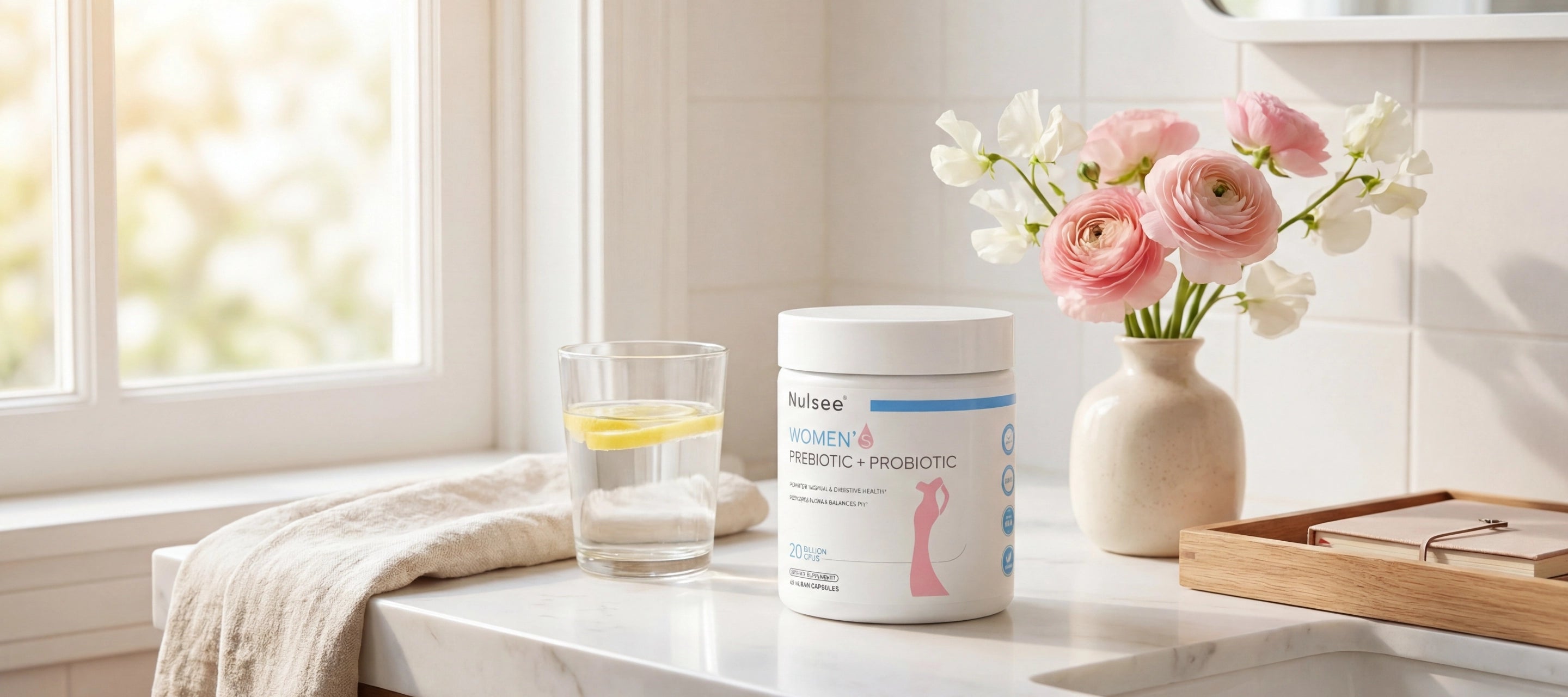 Nulsee Women's Daily Pre + Probiotic white bottle on modern bathroom counter with glass of water and fresh flowers in morning light, showing daily wellness routine for women's microbiome support