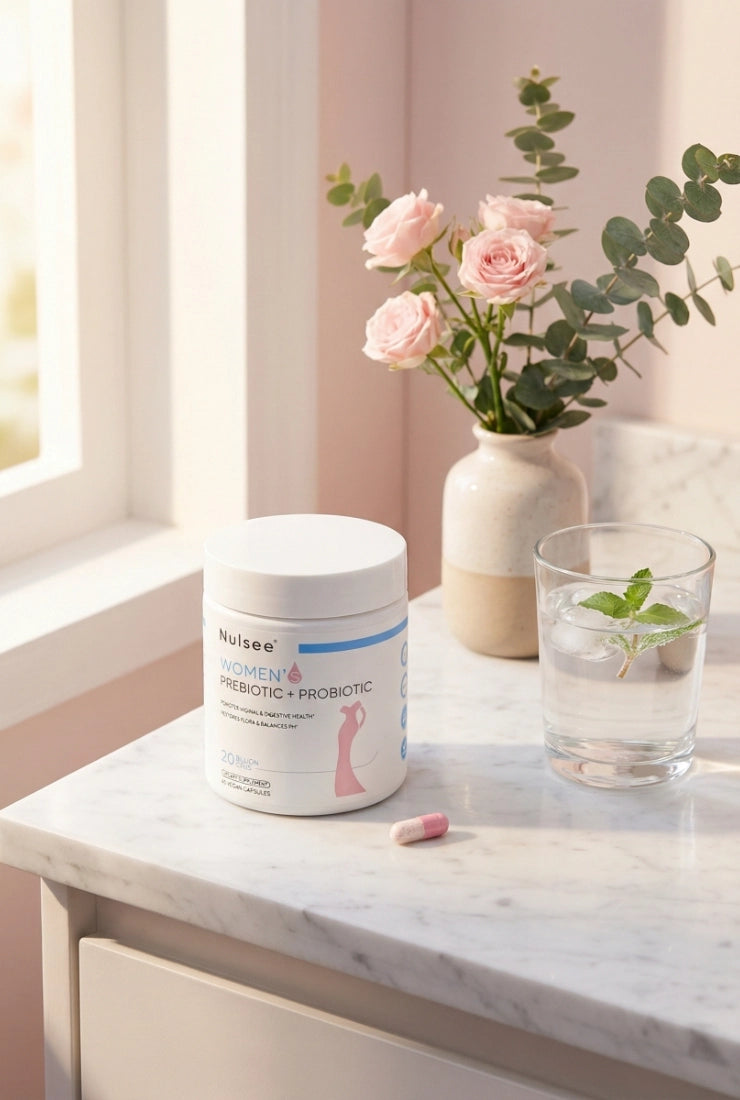 Vertical shot of Nulsee Women's Daily Pre + Probiotic white bottle with capsule on marble counter, glass of water and fresh flowers, emphasizing simple once-daily women's wellness supplement