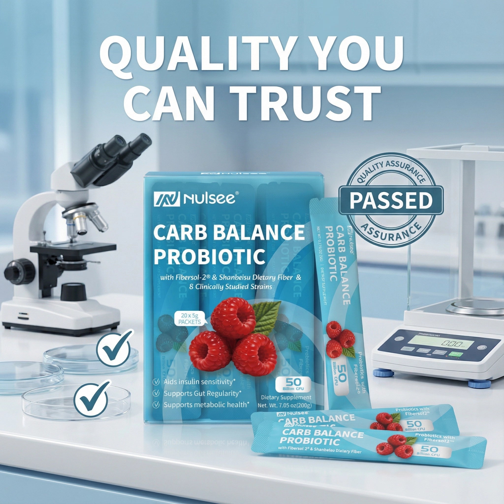 Nulsee Carb Balance Probiotic product displayed in professional laboratory setting with quality control symbols, emphasizing manufacturing excellence and reliability