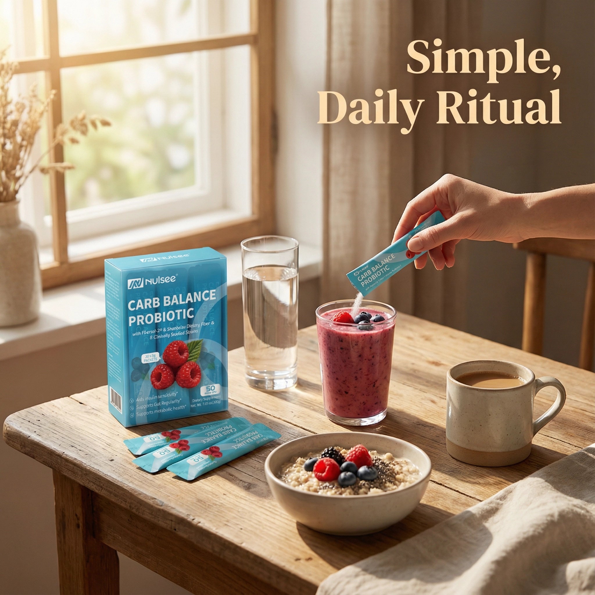 Nulsee probiotic packets with morning beverage in peaceful breakfast setting with natural sunlight, showing easy integration into daily routine
