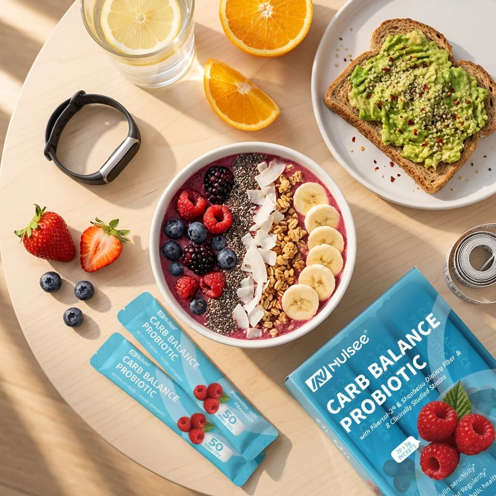 Overhead view of healthy breakfast with smoothie bowl, avocado toast, fresh fruits, fitness tracker and Nulsee Carb Balance probiotic packet in morning sunlight